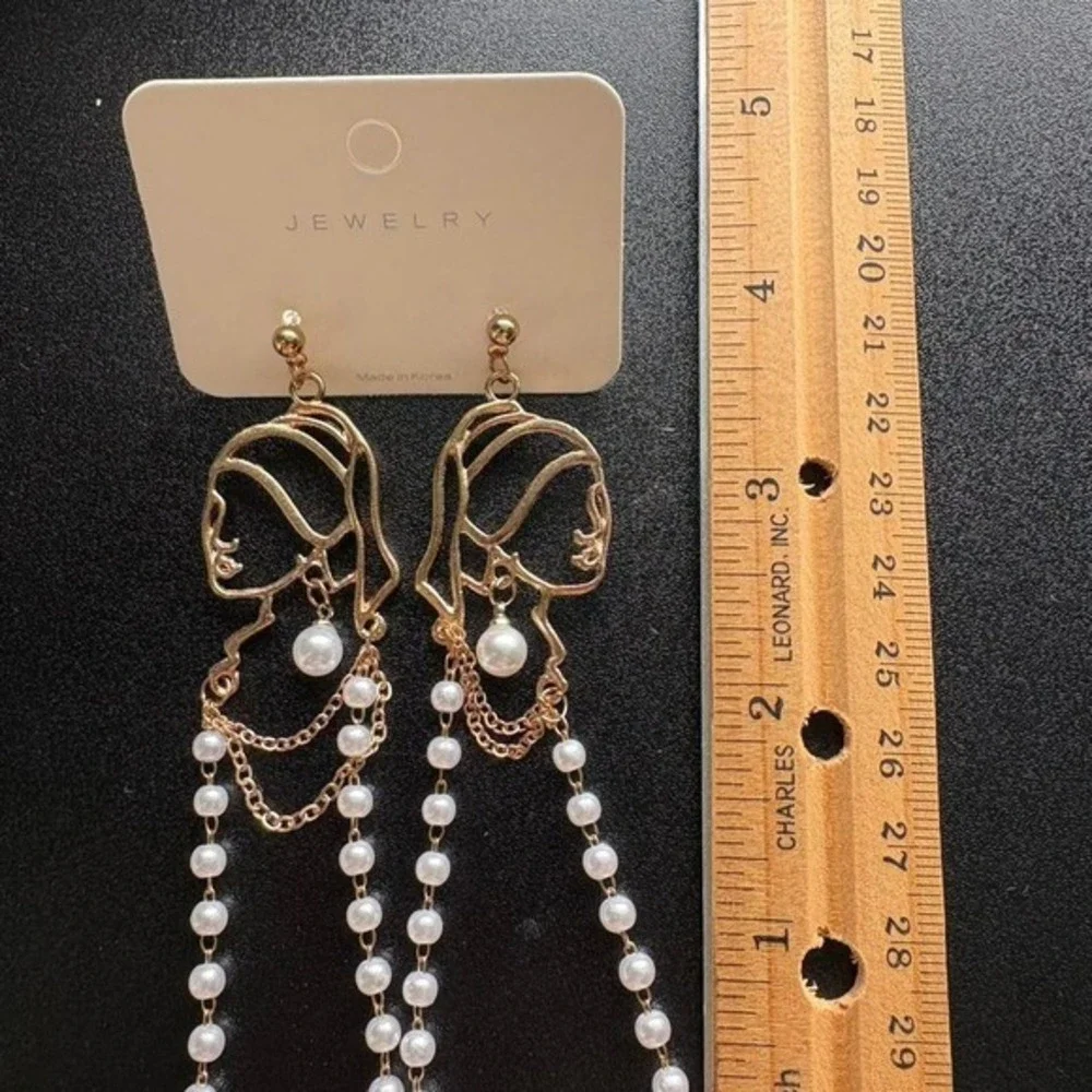 Gold Face Outline Pearl Drop Earrings Inspired by 